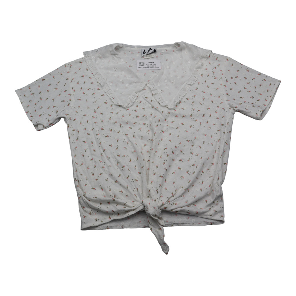 LA Shirt Womens M White Short Sleeve Collared Floral Pullover Basic Blouse